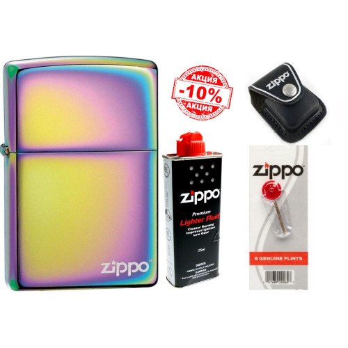 Набір Zippo (Зіппо) Запальничка SPECTRUM ZIPPO LOGO 151ZL + шкіряний чохол Zippo + Паливо 125мл + набір Кремнів