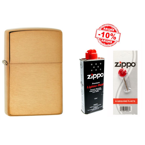 Набір Zippo (Зіппо) Запальничка BR FIN SOLID BRASS 204B + паливо Zippo 125мл + набір з 6 кремнів Zippo в бліcтері