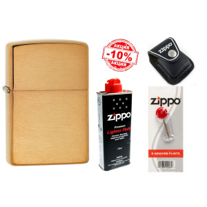 Набір Zippo (Зіппо) Запальничка BR FIN SOLID BRASS 204B + шкіряний чохол Zippo + паливо Zippo 125мл + набір з 6 кремнів Zippo в бліcтері